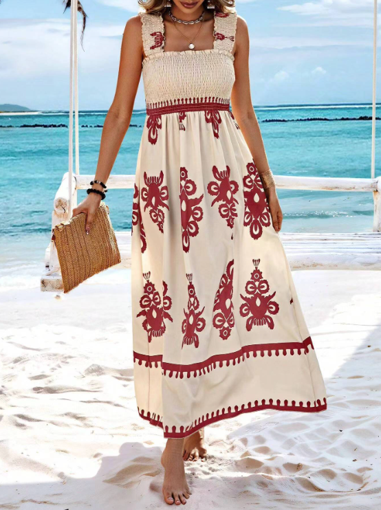 Dames maxi-jurk met gesmokt lijfje