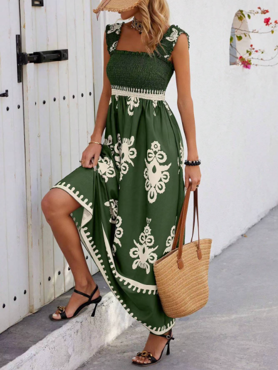 Dames maxi-jurk met gesmokt lijfje