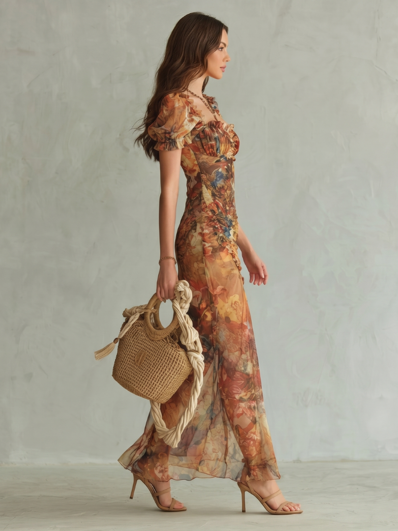 Dames maxi-jurk met hartvormige halslijn
