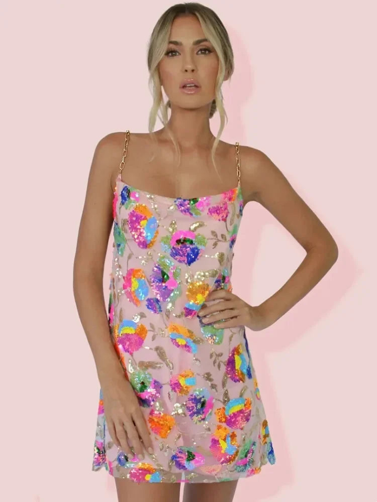 Dames mini-slipdress met bloemenmotief, open rug en kettingschouderbandjes