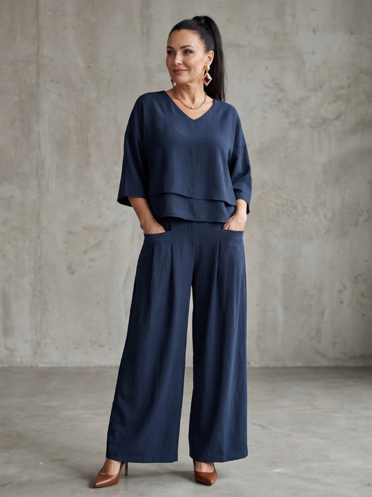 Dames set in laagjeslook met wijde pijpen