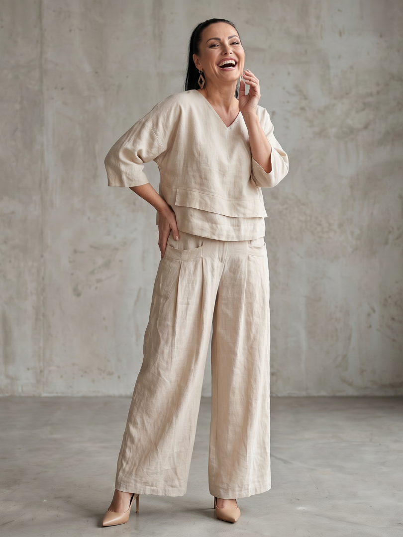 Dames set in laagjeslook met wijde pijpen