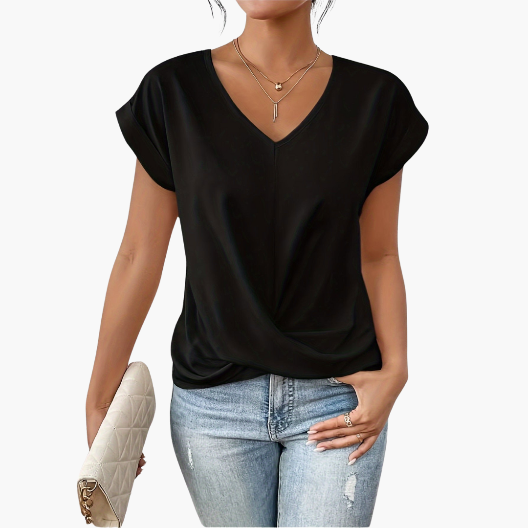 Dames T-shirt met V-hals en knoopdetail aan de voorkant