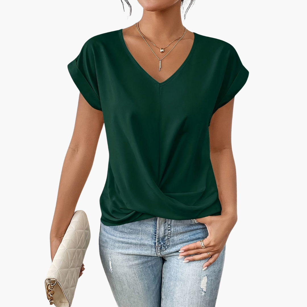 Dames T-shirt met V-hals en knoopdetail aan de voorkant