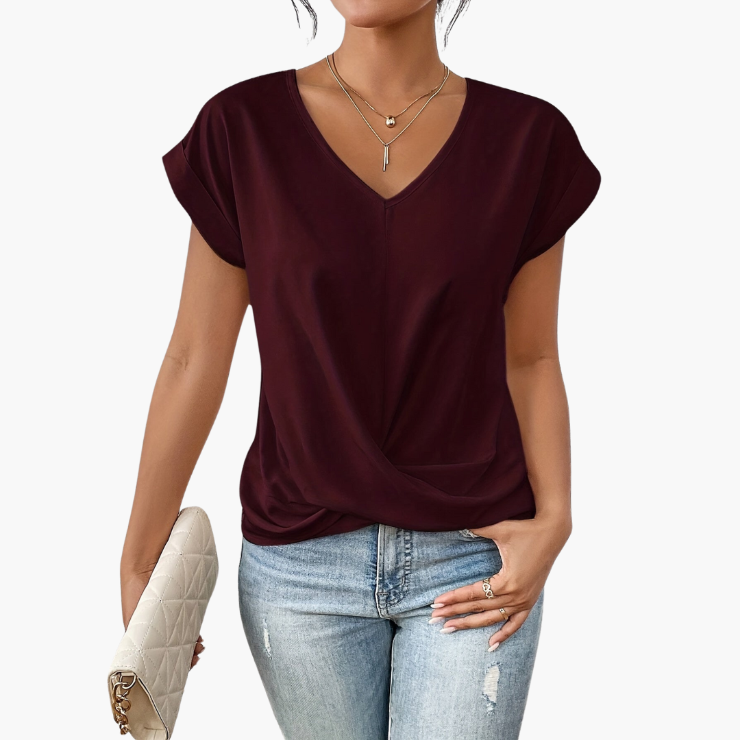 Dames T-shirt met V-hals en knoopdetail aan de voorkant