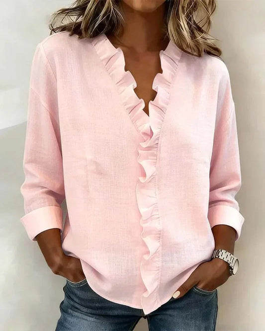 Damesblouse met lange mouwen, V-hals en roesjes