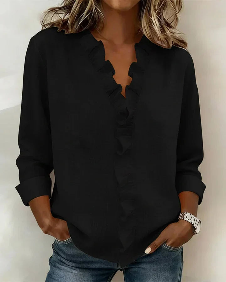 Damesblouse met lange mouwen, V-hals en roesjes