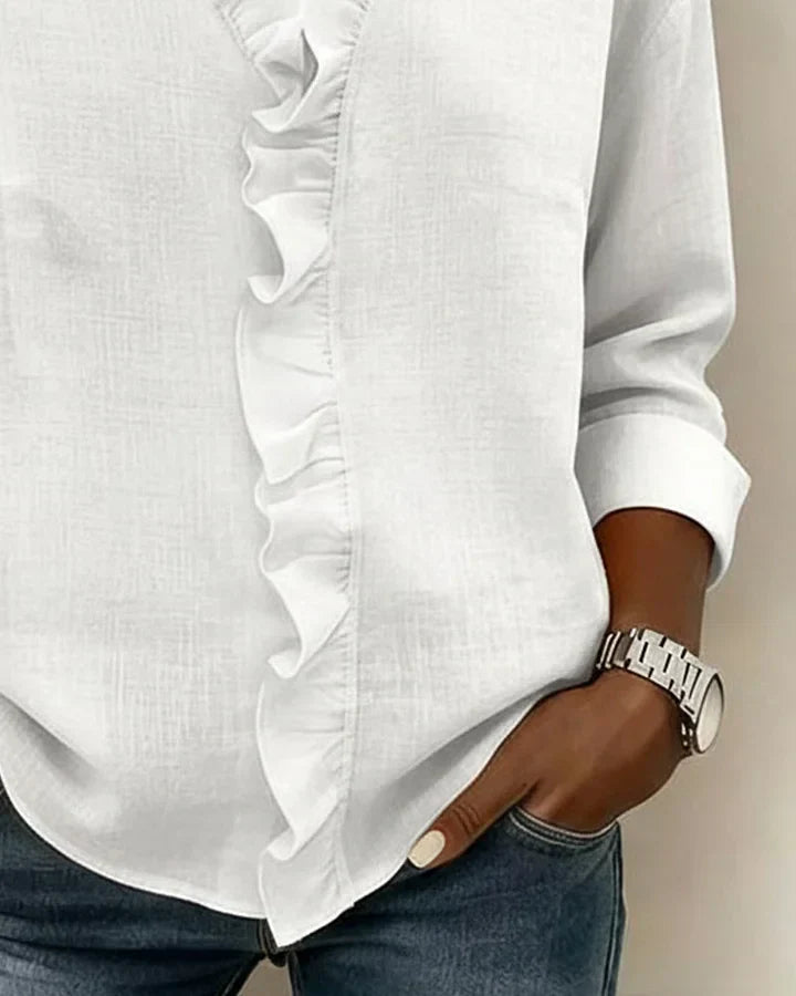 Damesblouse met lange mouwen, V-hals en roesjes