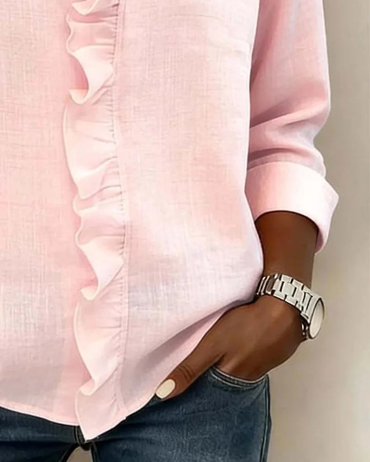 Damesblouse met lange mouwen, V-hals en roesjes