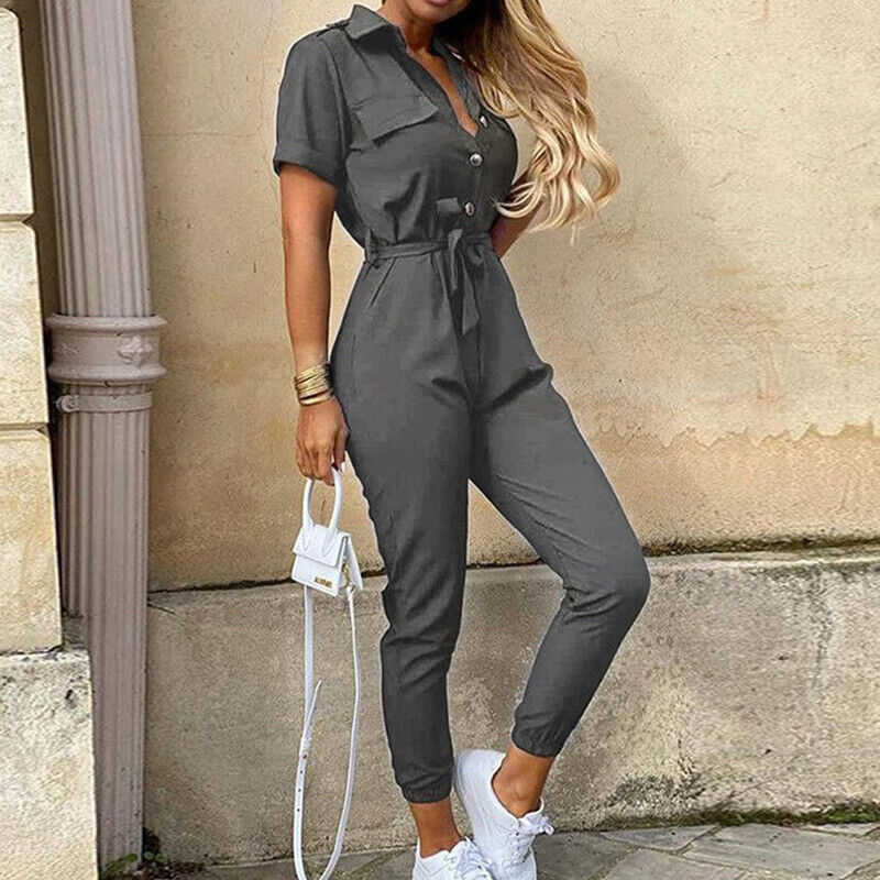Damesjumpsuit met korte mouwen en riem