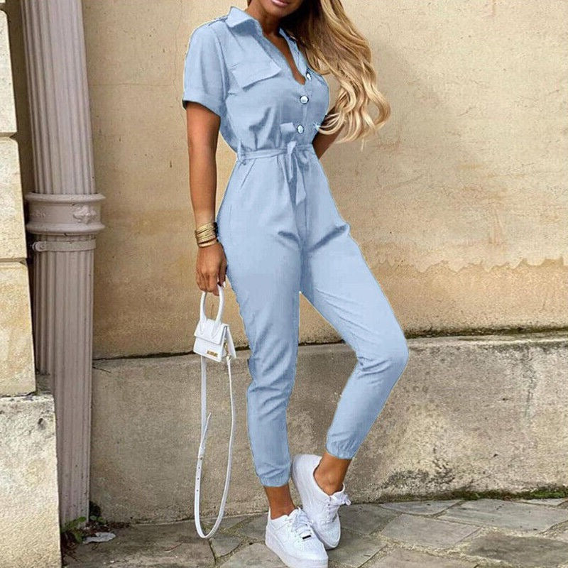 Damesjumpsuit met korte mouwen en riem