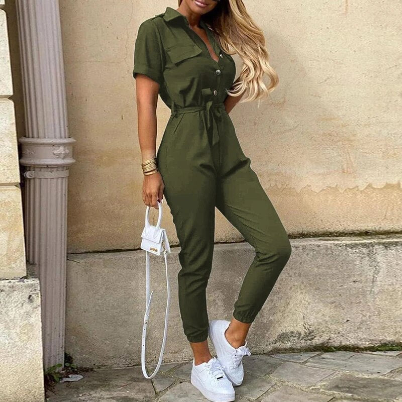 Damesjumpsuit met korte mouwen en riem