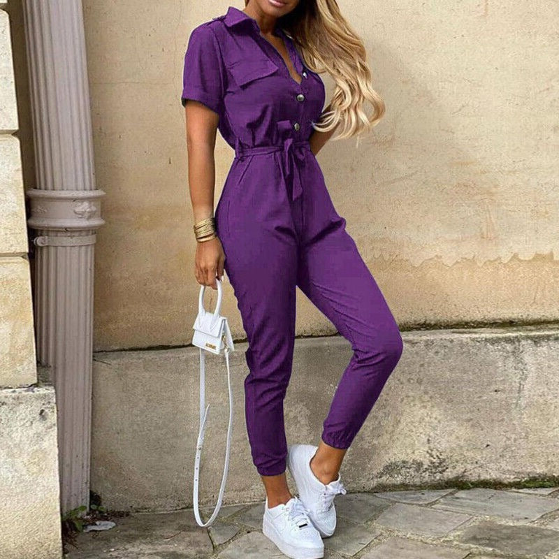 Damesjumpsuit met korte mouwen en riem