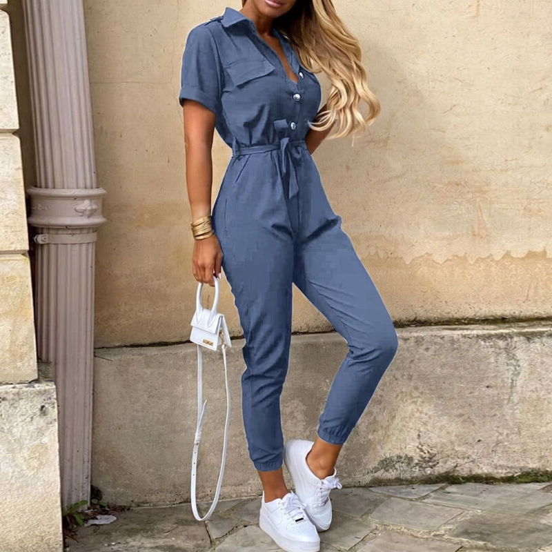 Damesjumpsuit met korte mouwen en riem