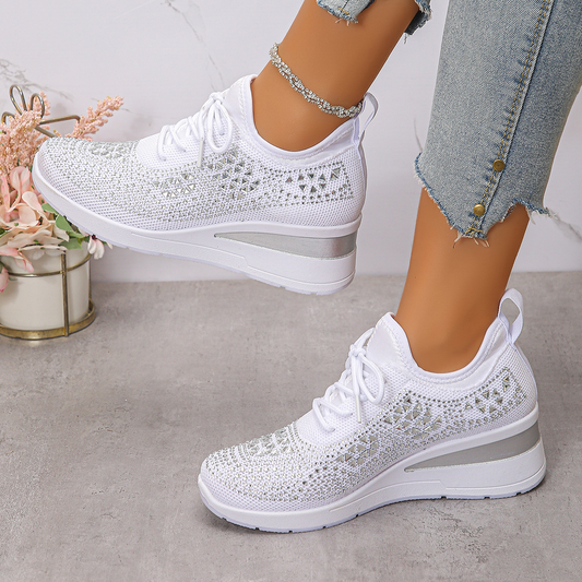 Damesneakers: Stijlvolle ademende wedgesneakers met fonkelende strass-steentjes