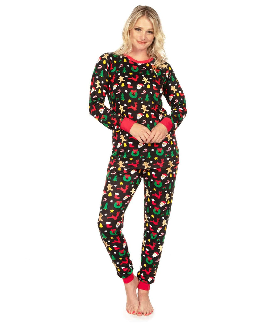 Damespyjamaset met kerstkoekjesprint, top met ronde hals en broek met trekkoord