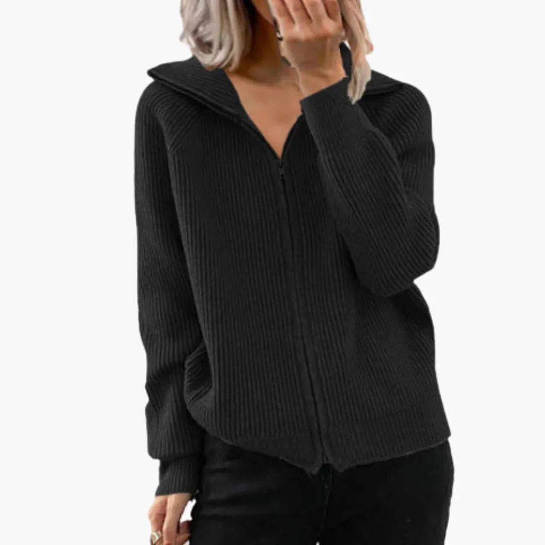 Damesvest met ritssluiting, capuchon en ribtextuur