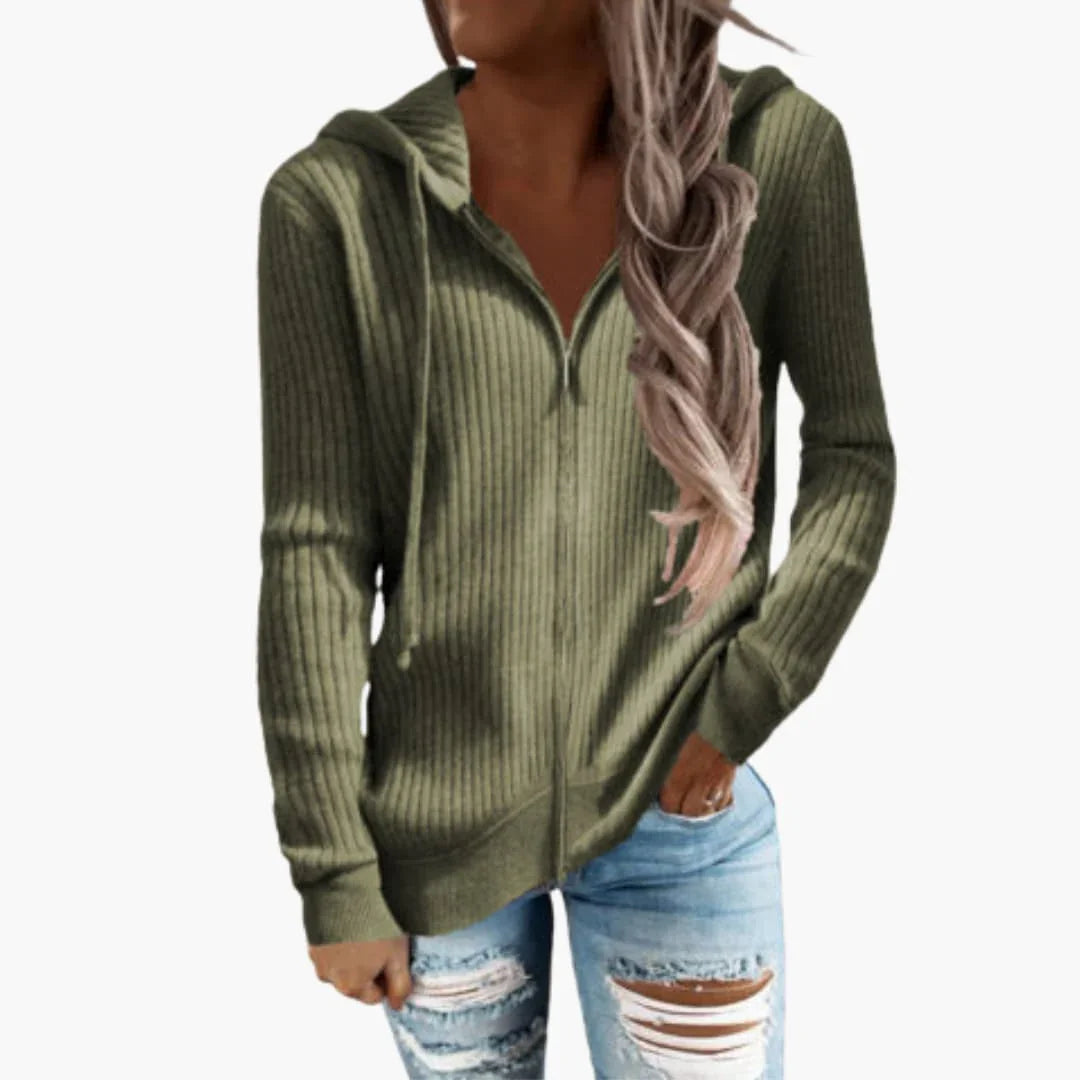 Damesvest met ritssluiting, capuchon en ribtextuur