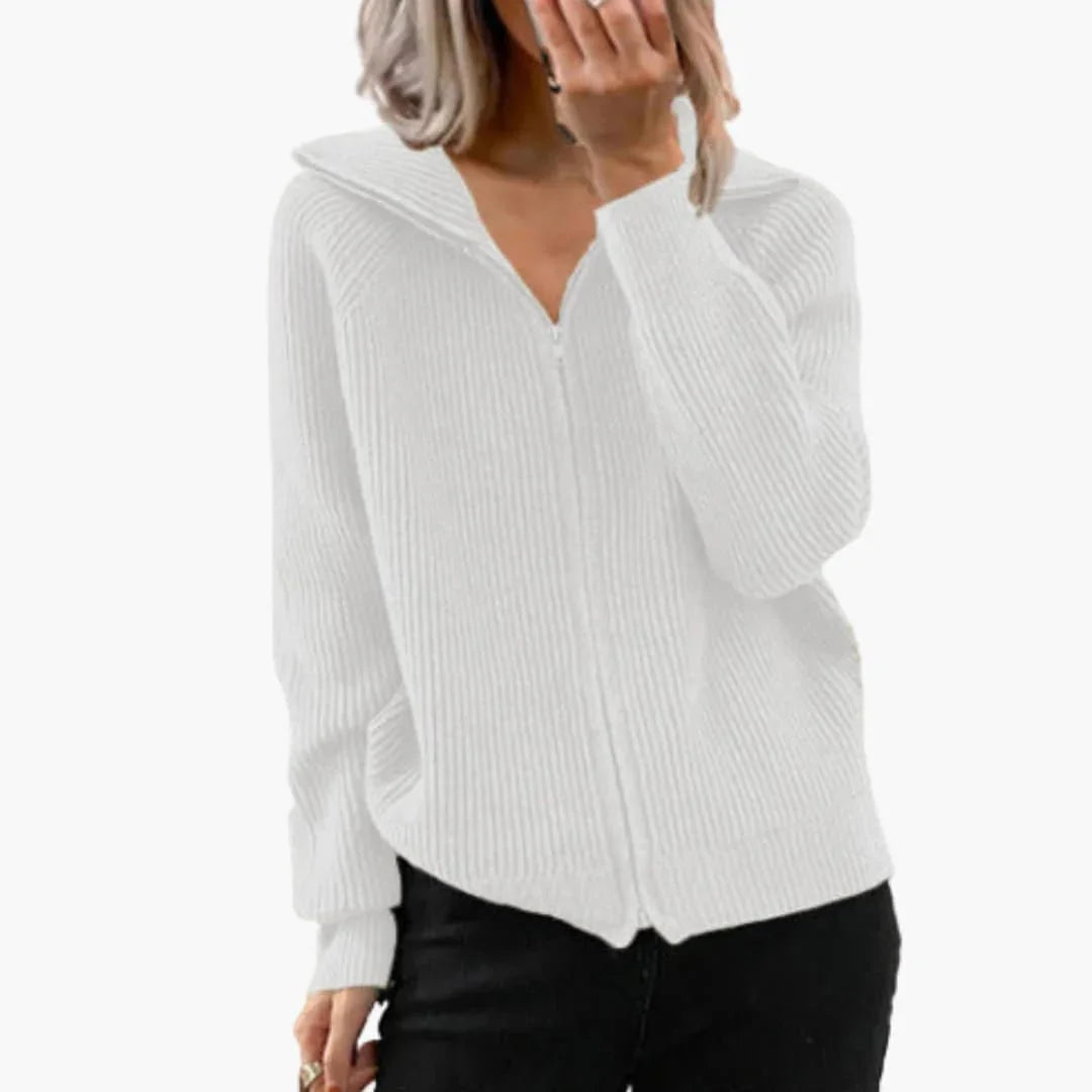 Damesvest met ritssluiting, capuchon en ribtextuur