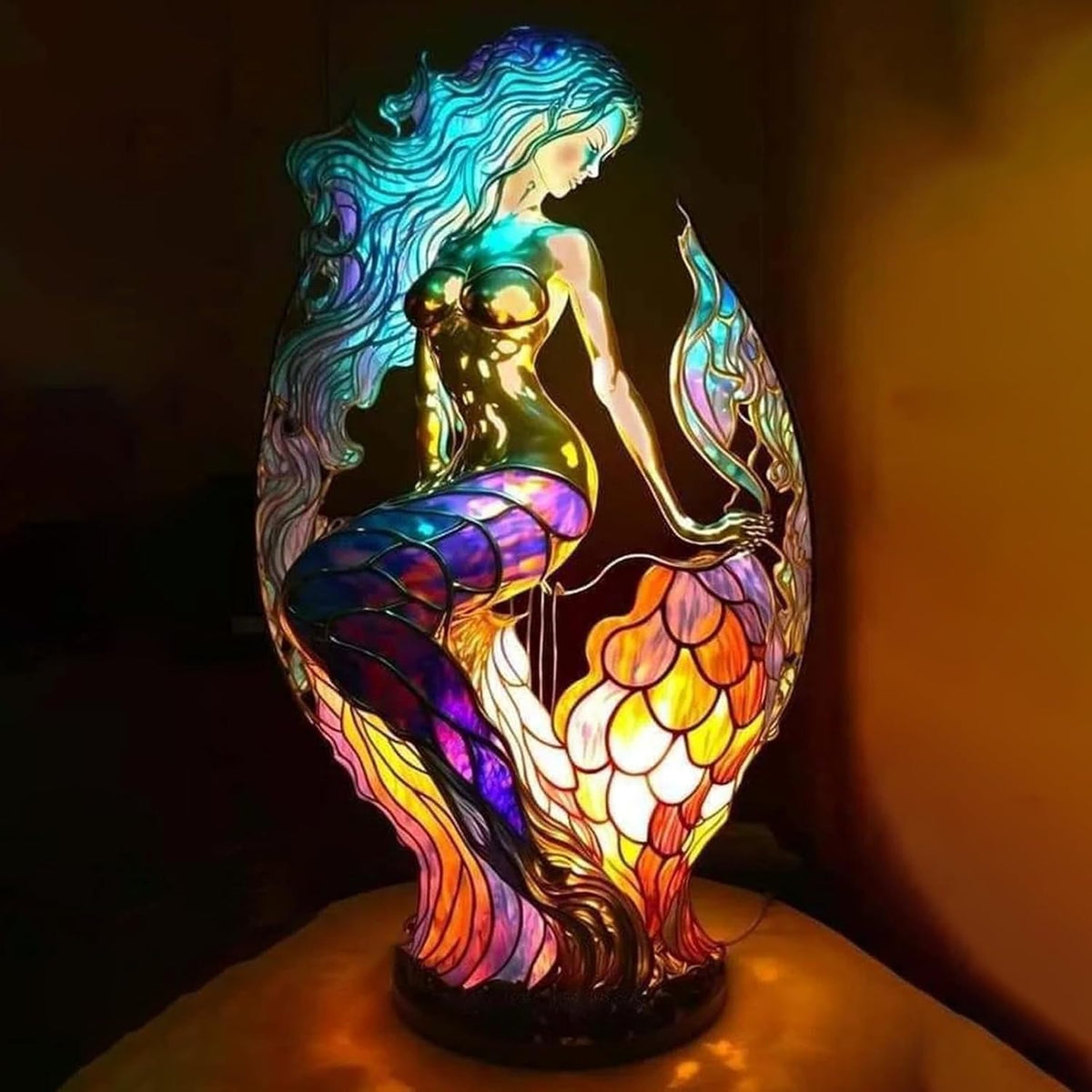 Dieren-tafellamp van glas in lood – Artistieke led-accentlamp met mozaïekdesign