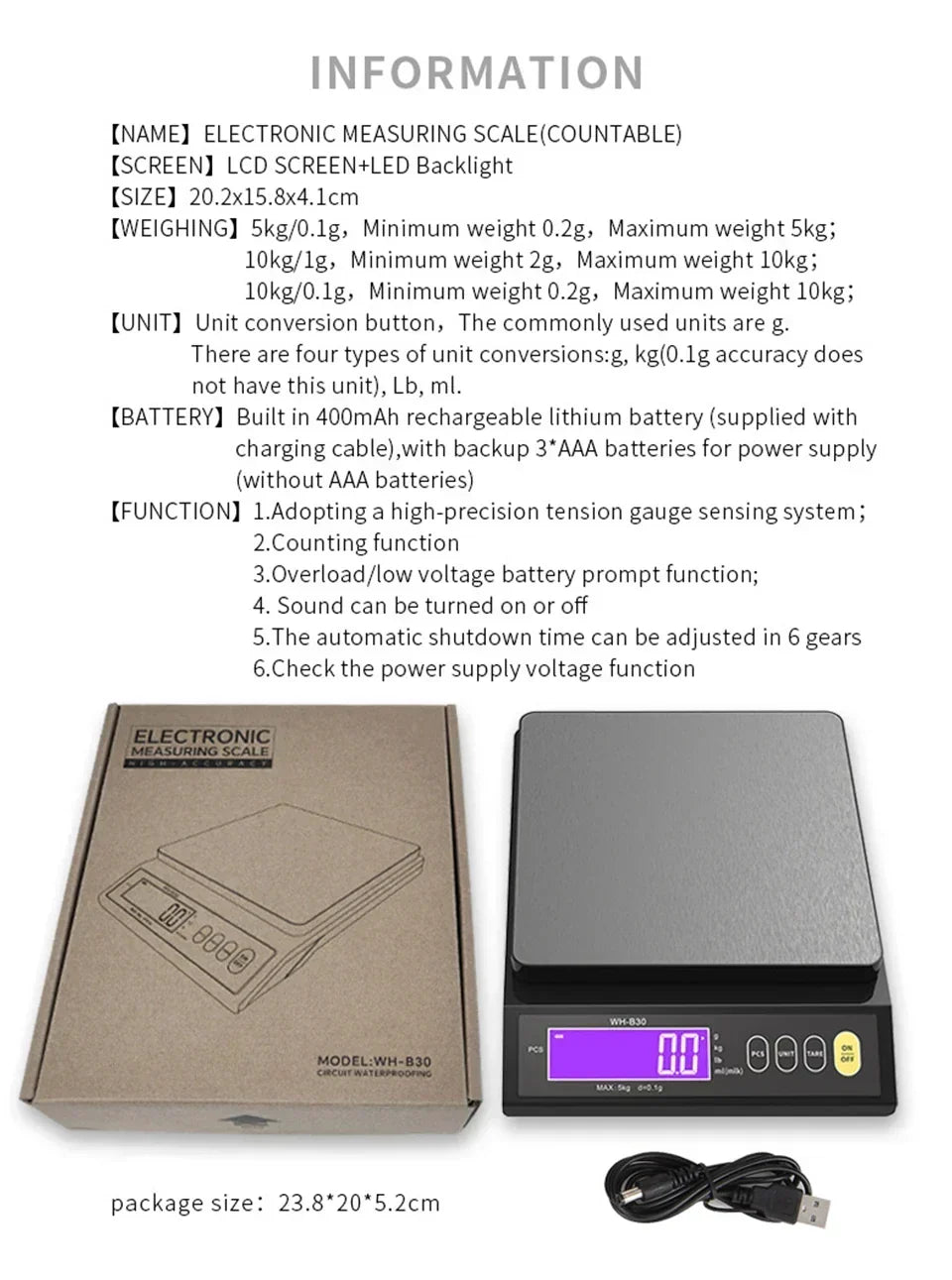 Digitale Elektronische Keukenweegschaal 5 kg/0,1 g en 10 kg/1 g, met Lcd-scherm, Volledig Waterdicht Roestvrijstalen Weeginstrument voor Bakkers