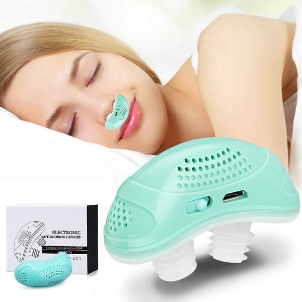 Draagbaar micro-CPAP-apparaat tegen snurken – Stil en compact, lichtgroen met siliconen dopjes