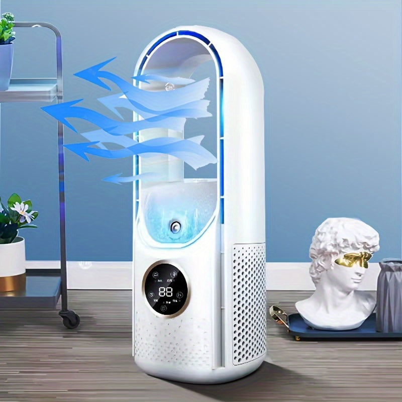 Draagbare bladloze ventilator met nachtlampje – Luchtbevochtiger en luchtreiniger met 6 snelheden, stille USB-tafelluchtkoeler voor slaapkamer en kamer