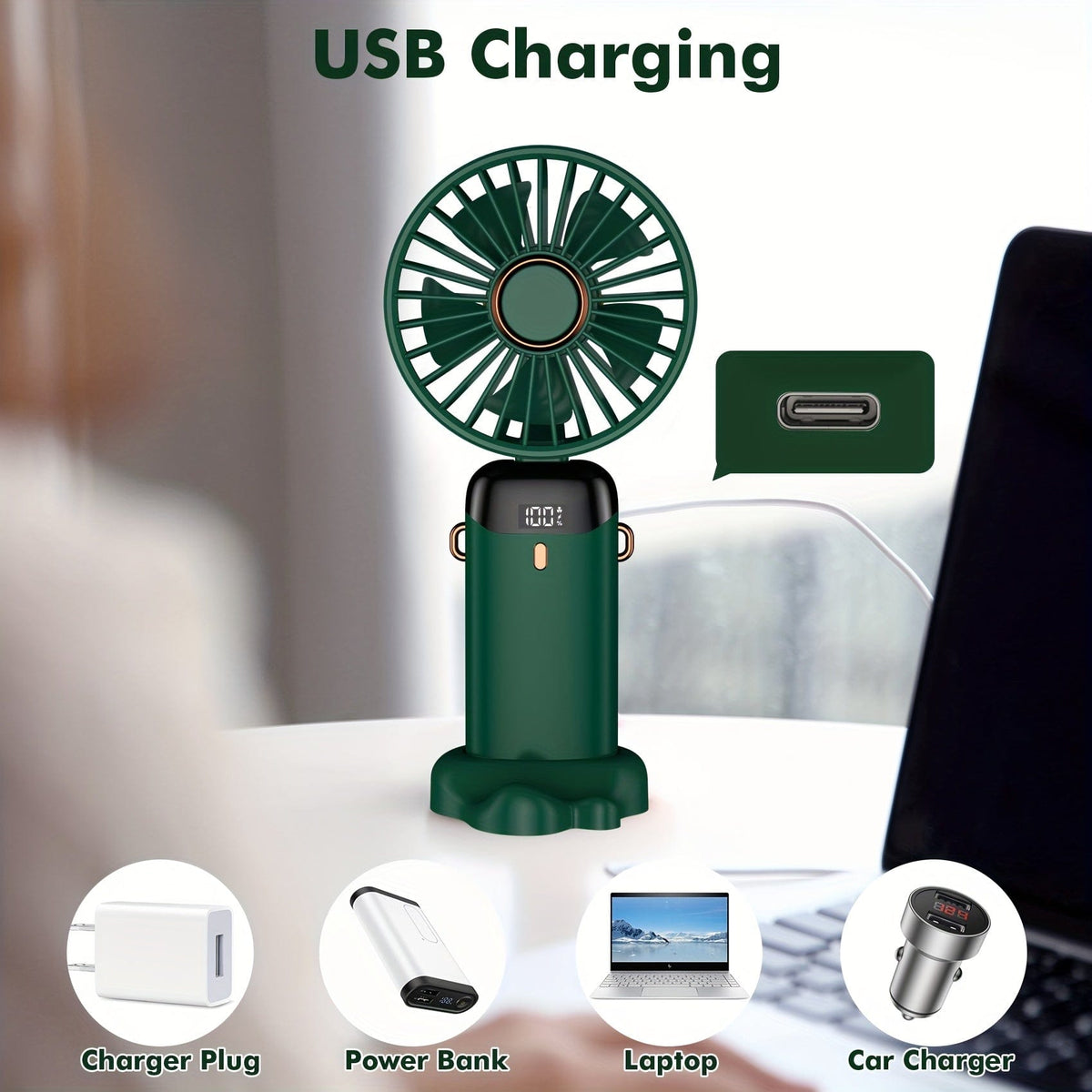 Draagbare Mini Handventilator - USB-Oplaadbaar met Led-display, 5 Snelheden, 90° Inklapbaar & Accu - voor Kantoor, Slaapkamer, Reizen, Camping & School