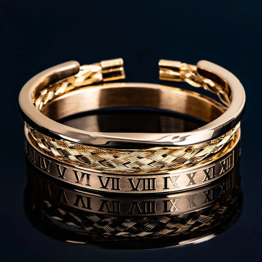 Driedelige Stalen Armbandenset met Romeinse Cijfers