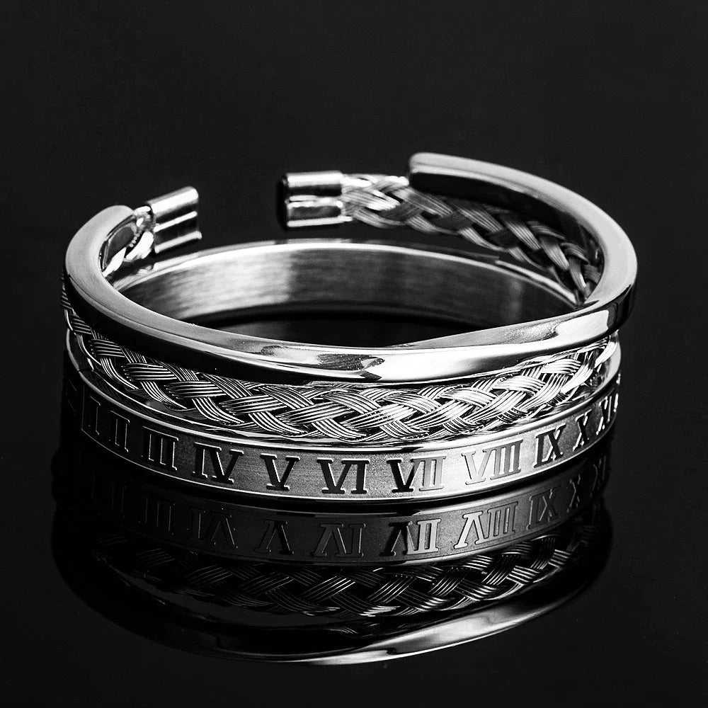 Driedelige Stalen Armbandenset met Romeinse Cijfers