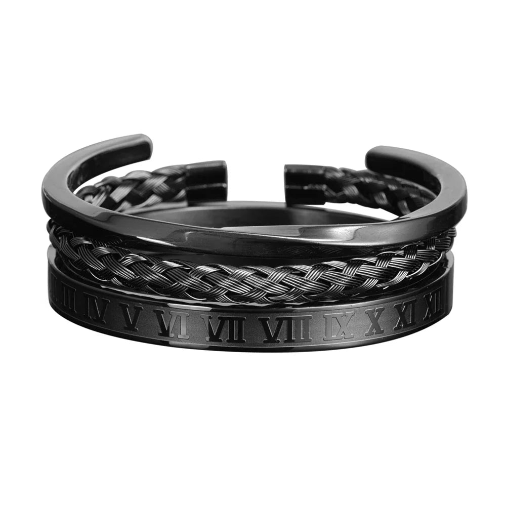 Driedelige Stalen Armbandenset met Romeinse Cijfers