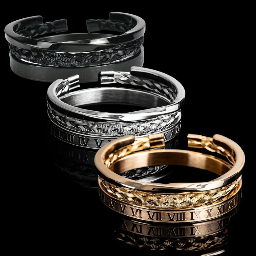 Driedelige Stalen Armbandenset met Romeinse Cijfers