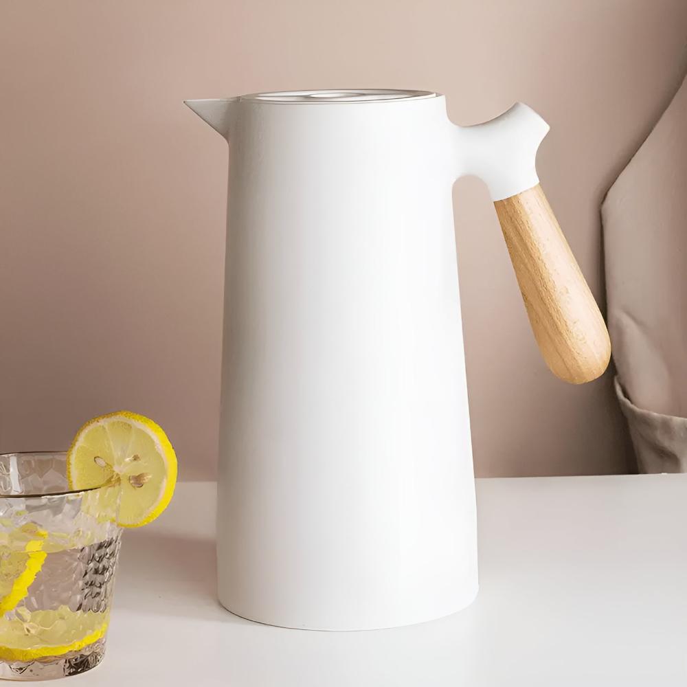 Dubbelwandige Isoleerkan 1 Liter met Houten Handvat en Drukknop
