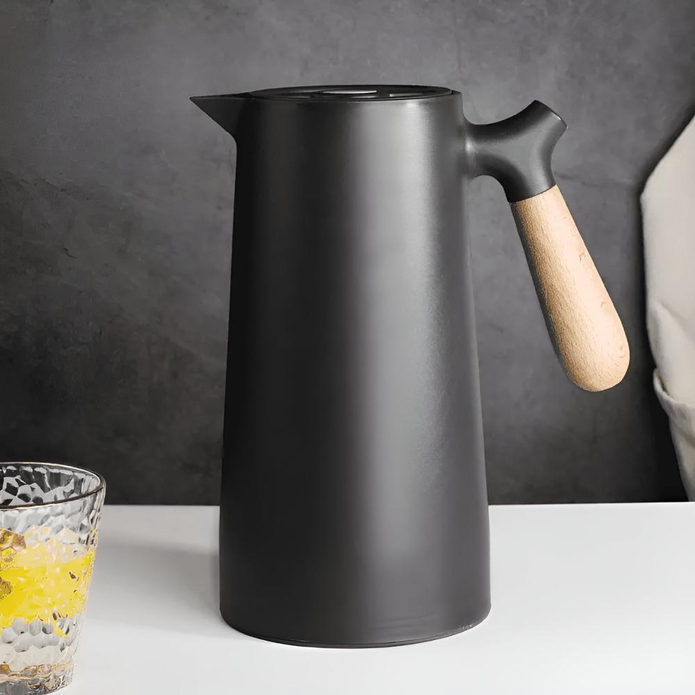 Dubbelwandige Isoleerkan 1 Liter met Houten Handvat en Drukknop