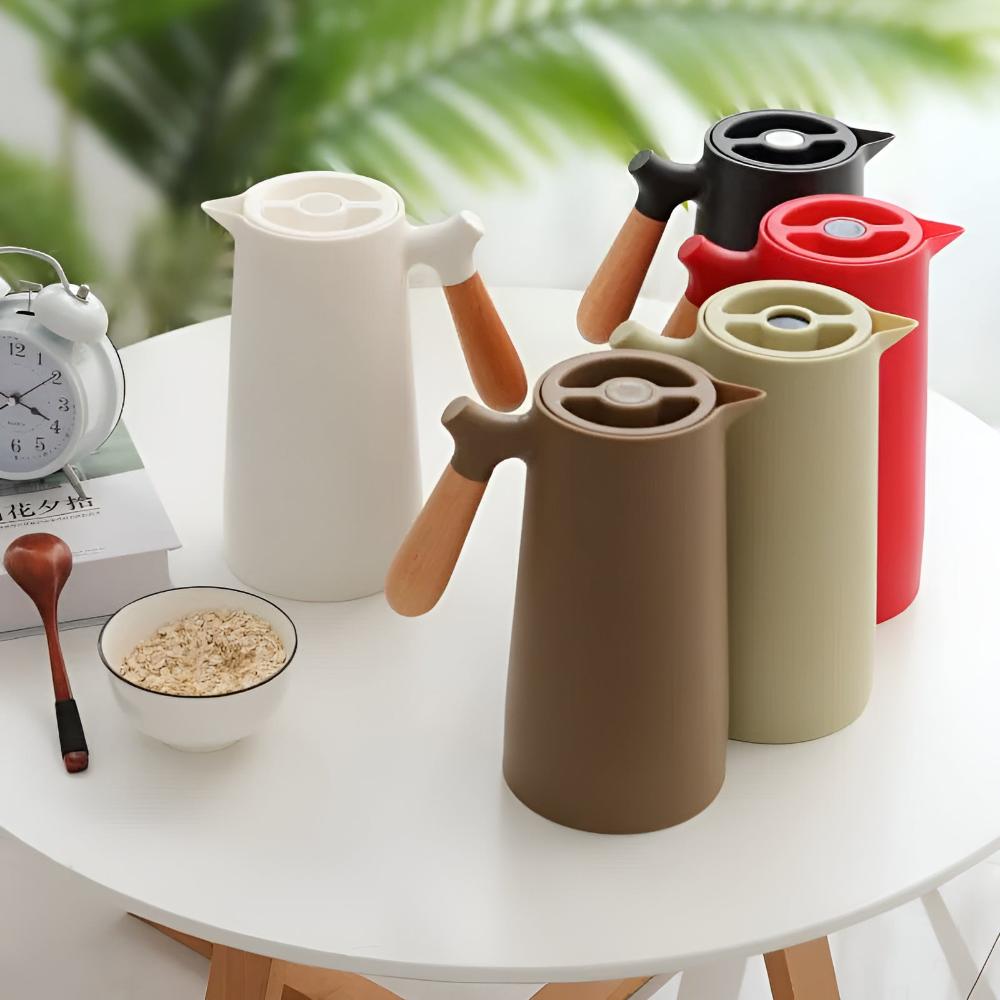 Dubbelwandige Isoleerkan 1 Liter met Houten Handvat en Drukknop