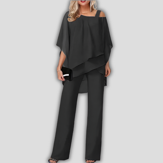 Elegante 2-delige dames chiffon set met broek en cape blouse met laagjes