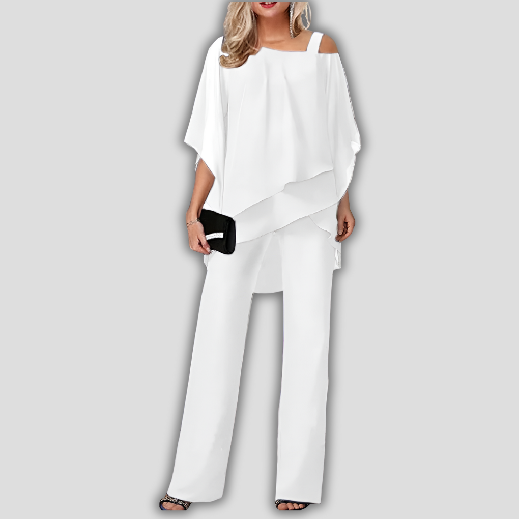 Elegante 2-delige dames chiffon set met broek en cape blouse met laagjes