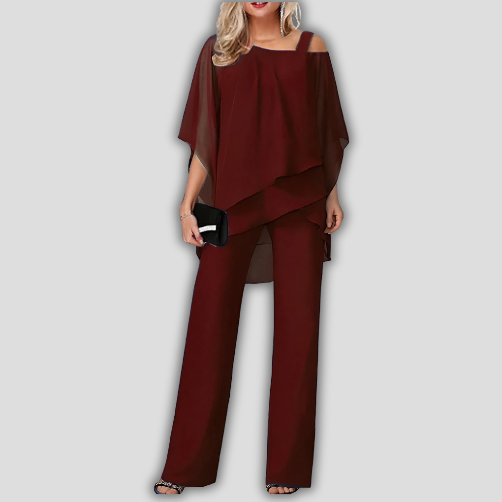 Elegante 2-delige dames chiffon set met broek en cape blouse met laagjes