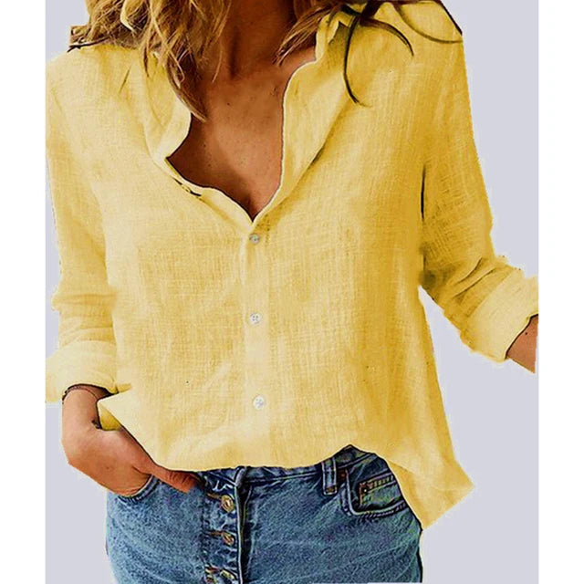 Elegante damesblouse van katoen en linnen met klassieke kraag