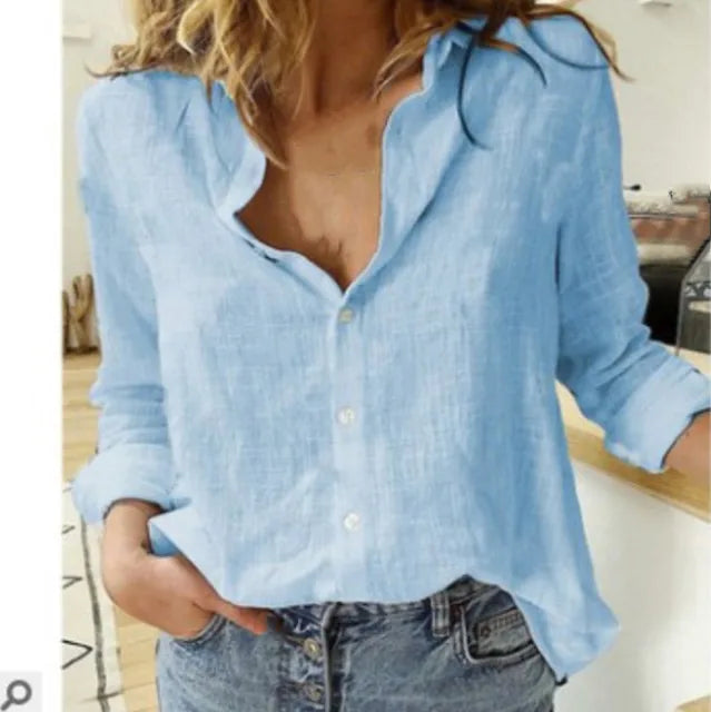 Elegante damesblouse van katoen en linnen met klassieke kraag