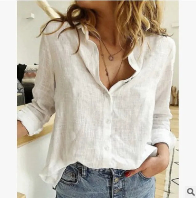 Elegante damesblouse van katoen en linnen met klassieke kraag