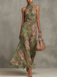 Elegante groene boho maxi-jurk voor een formele bruiloftsgast