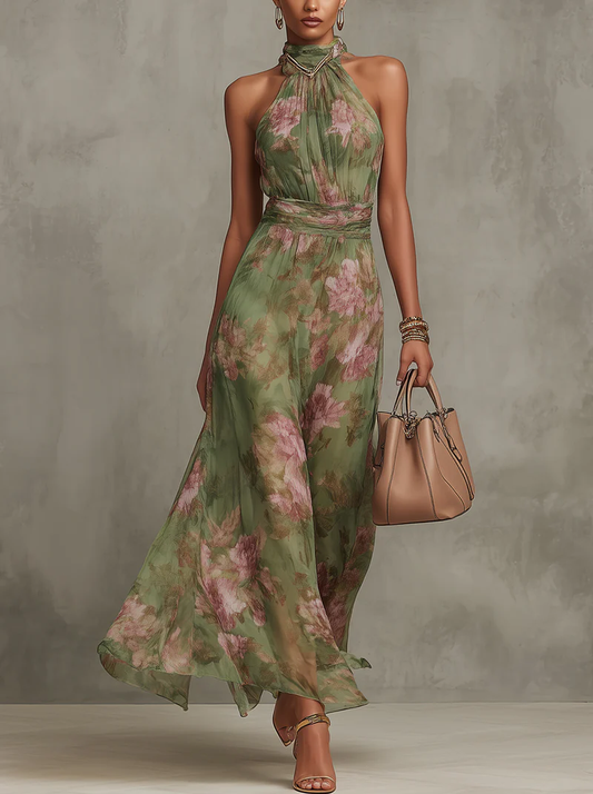 Elegante groene boho maxi-jurk voor een formele bruiloftsgast