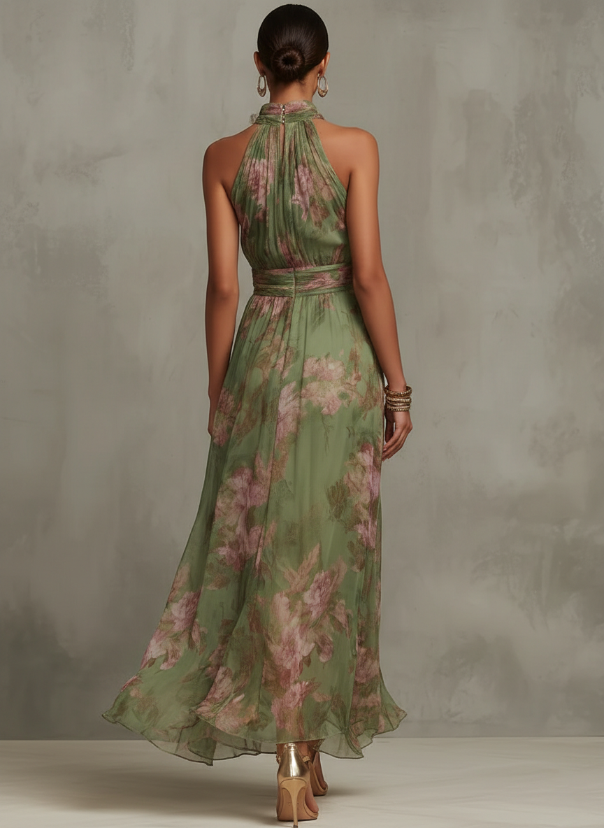 Elegante groene boho maxi-jurk voor een formele bruiloftsgast