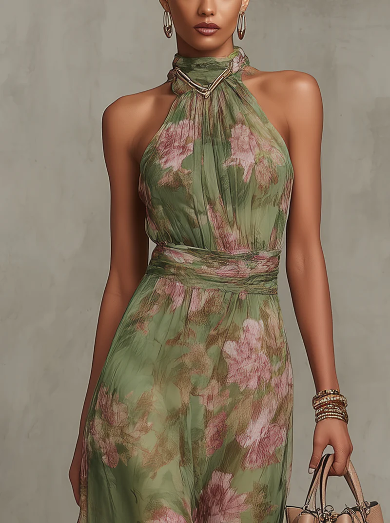 Elegante groene boho maxi-jurk voor een formele bruiloftsgast