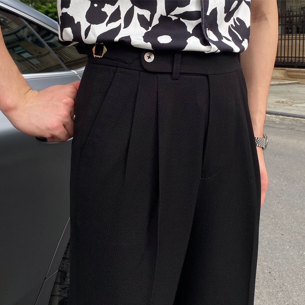 Elegante herenpantalon met bandplooi, hoge taille en tapered fit