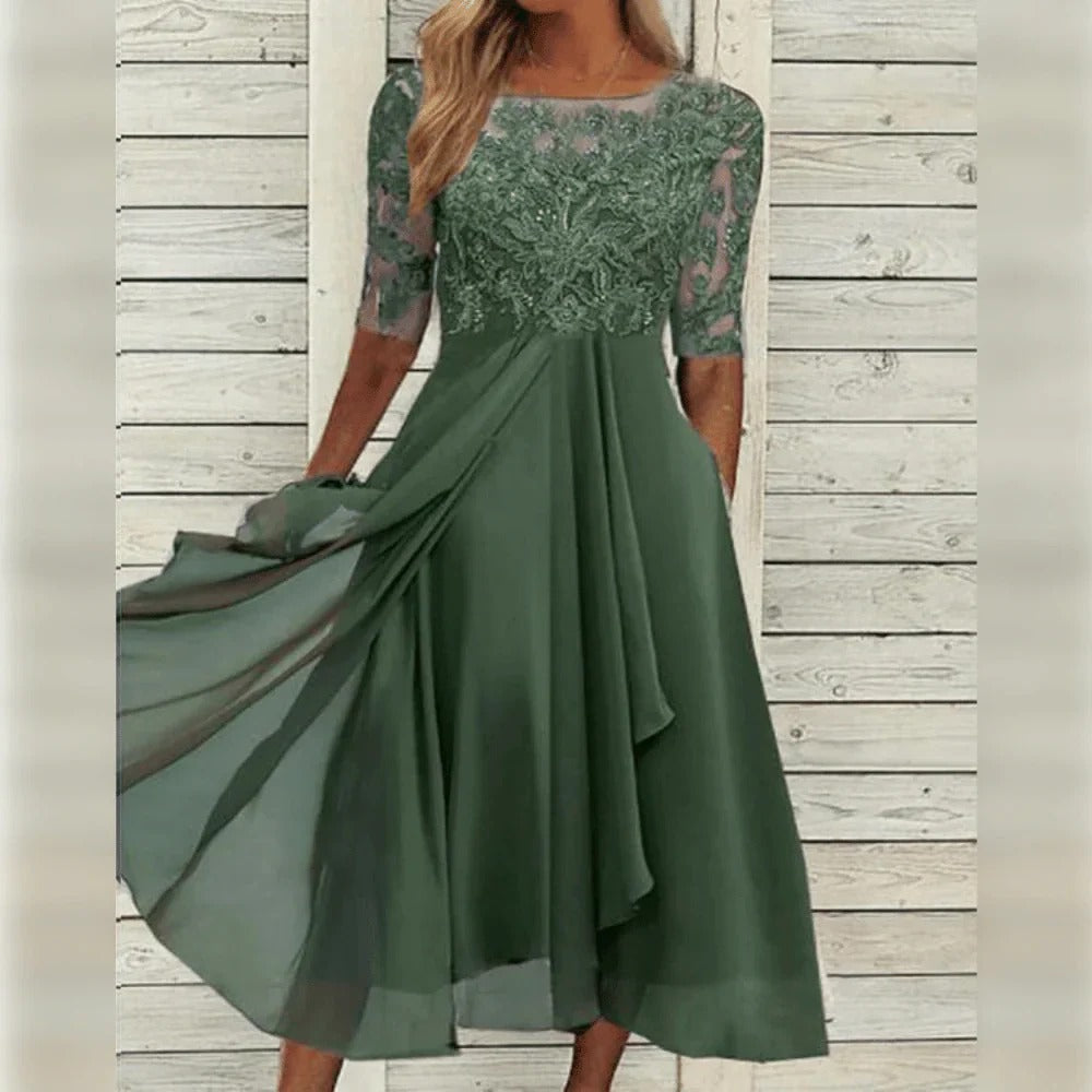 Elegante midi-jurk met kantdetail en soepelvallende rok voor feestelijke gelegenheden