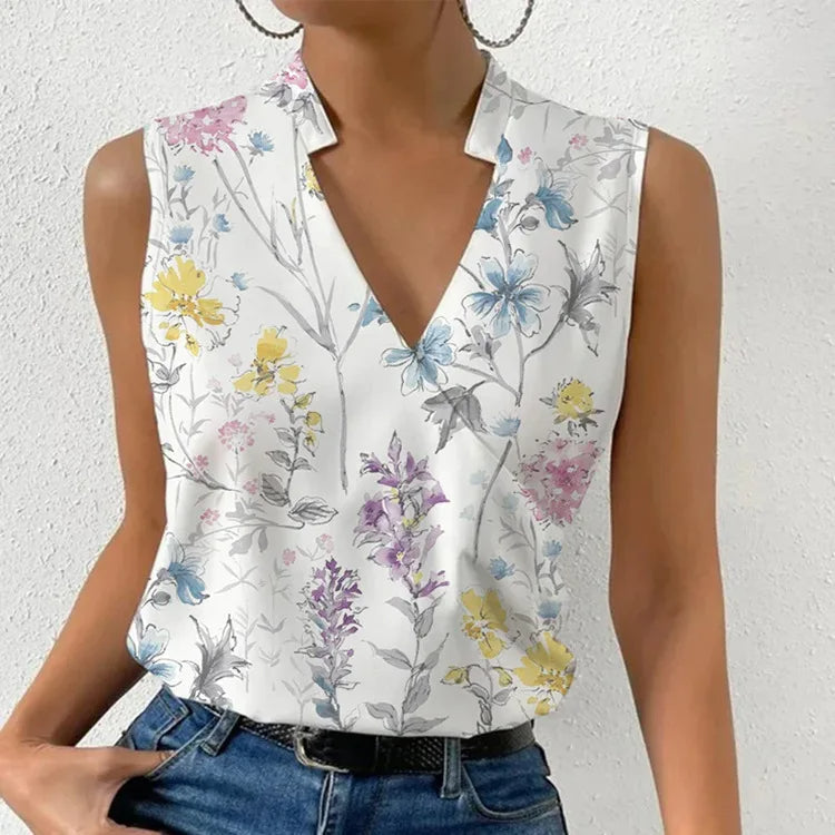 Elegante mouwloze top met bloemenprint en V-hals
