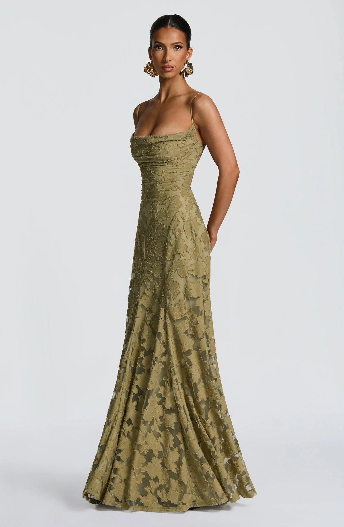 Elegante rugloze kanten maxi-jurk