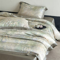 Elegante satijnen beddengoedset met aquarel bloemenprint en satijnen bies